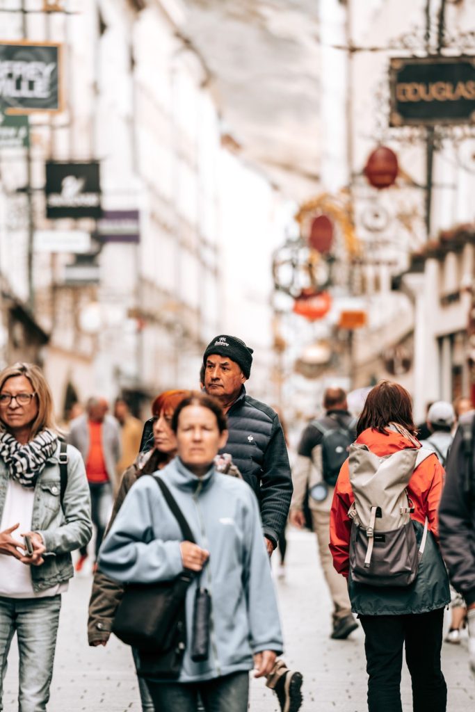 Crowded European street filled with tourists